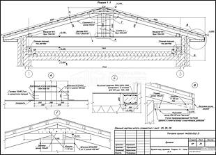 Кровля над гаражем. Разрез 1-1. Узлы А-Г